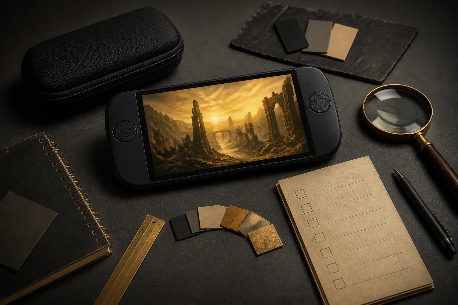 Generic handheld displaying a fantasy landscape beside blank test swatches, a ruler, magnifying glass, and checklist on a dark work surface.