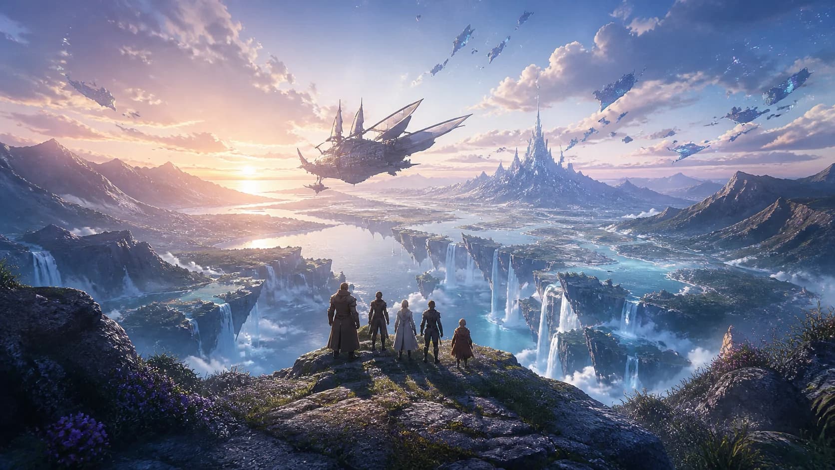 Five travelers overlook a vast waterfall-filled landscape as an airship crosses toward a distant city.