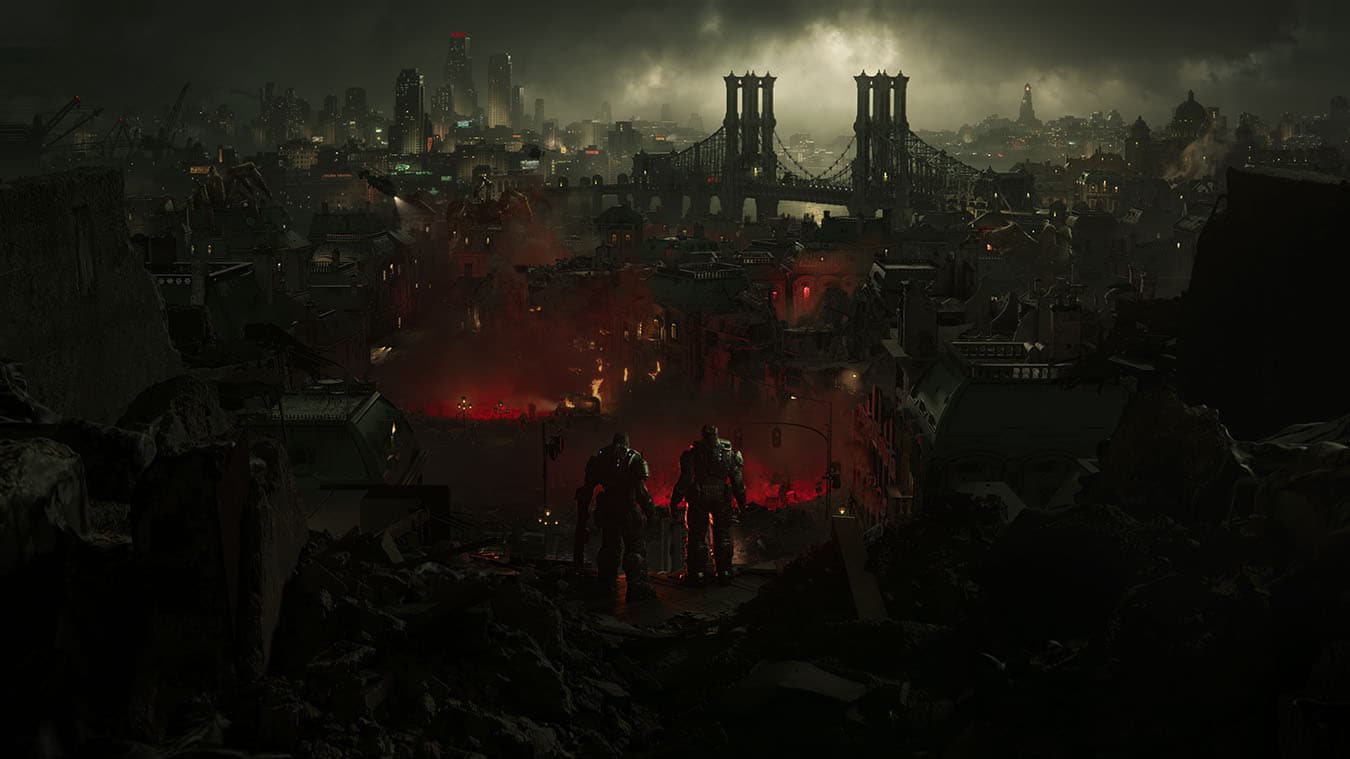Official E-Day reveal image: Marcus and Dom look out from a ruined house over a burning city.