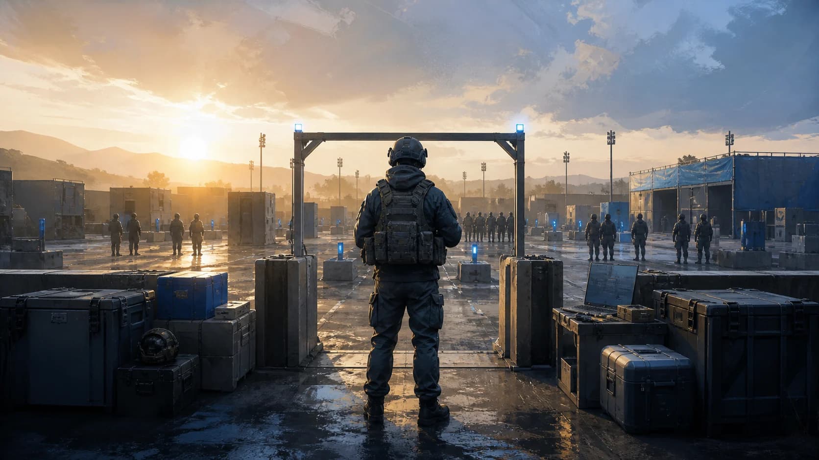 A soldier stands at the entrance to an outdoor combat training range at sunrise.