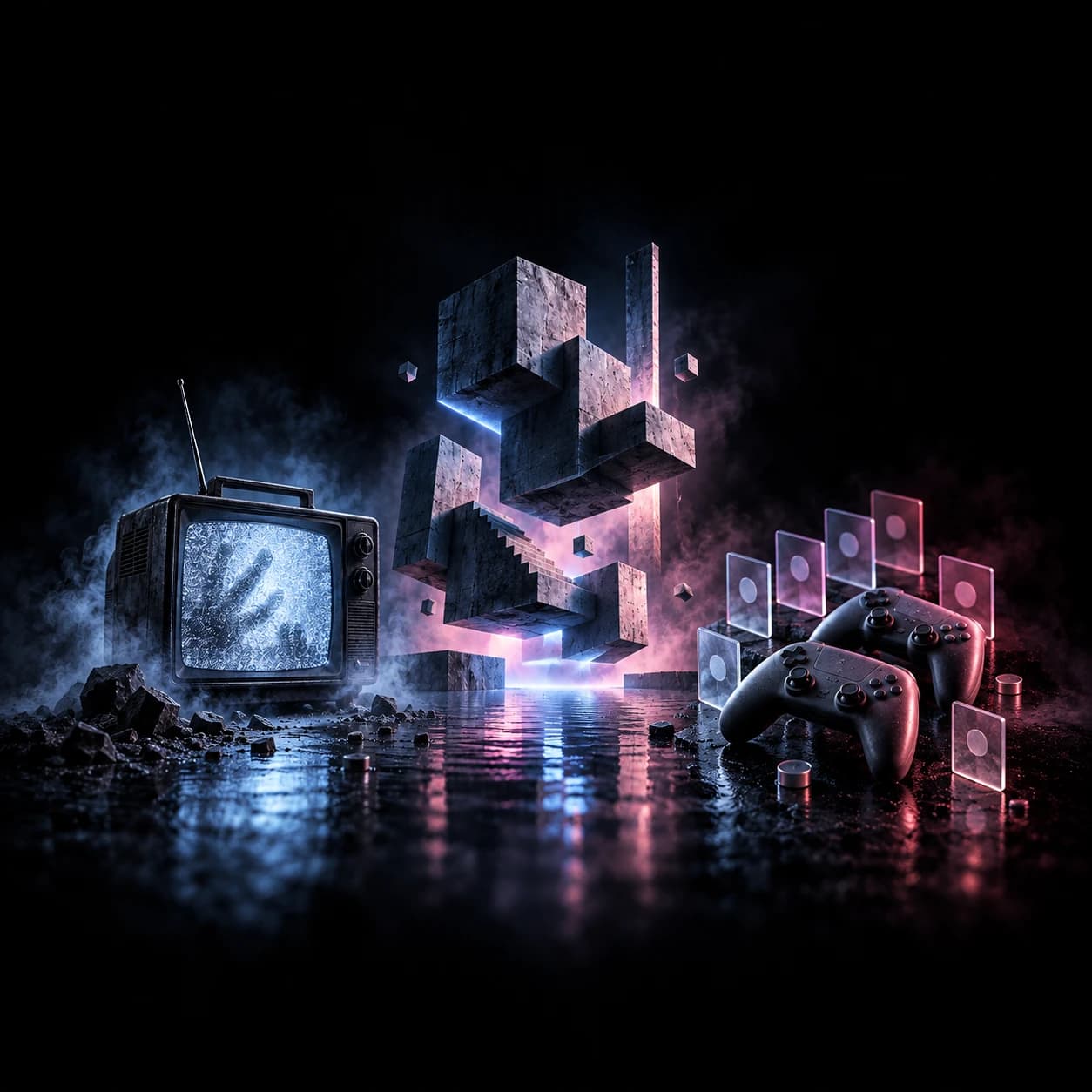 Conceptual triptych of a static-filled television, floating concrete forms and controllers, illustrating horror, action and choosing what to play.