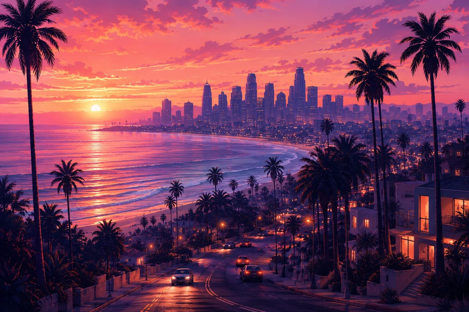 AI-generated editorial illustration of a palm-lined coastal city at pink sunset; not GTA V gameplay.