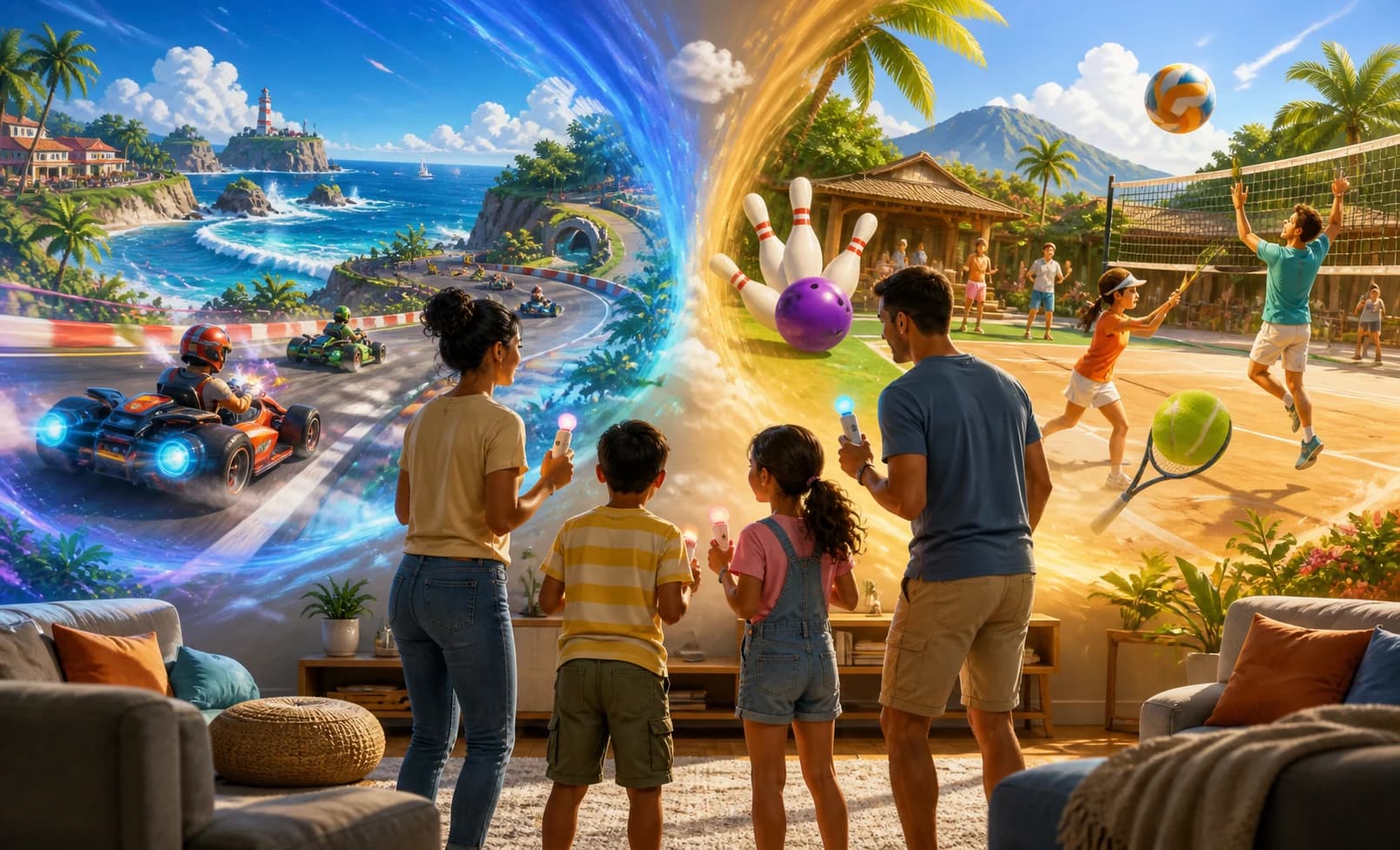 A family considers two illustrated play worlds, with coastal racing on one side and motion-controlled resort sports on the other.