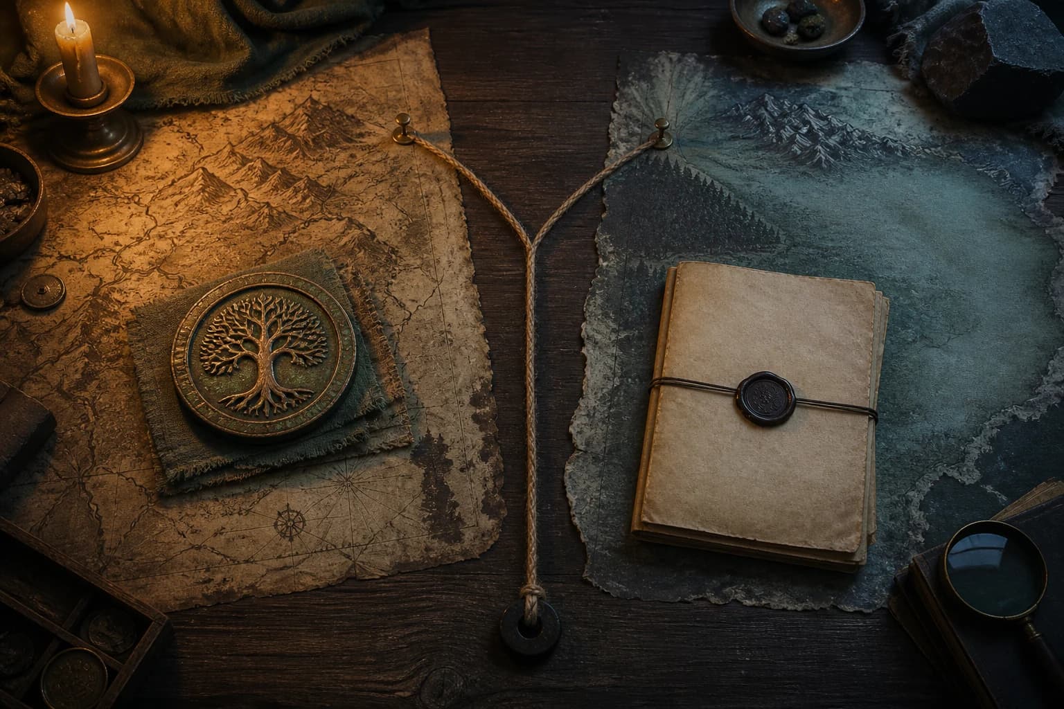 Warm and cool fantasy planning surfaces divided by cord, with a tree medallion on the left and a sealed notebook on the right.