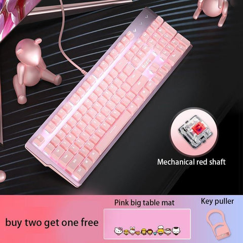 Pink Real Mechanical Keyboard And Mouse Set Girls Cute Gaming Games Dedicated Wired Green Axis Red Axis Girl Heart Luminous Wired Notebook - Gamer Z Paradise