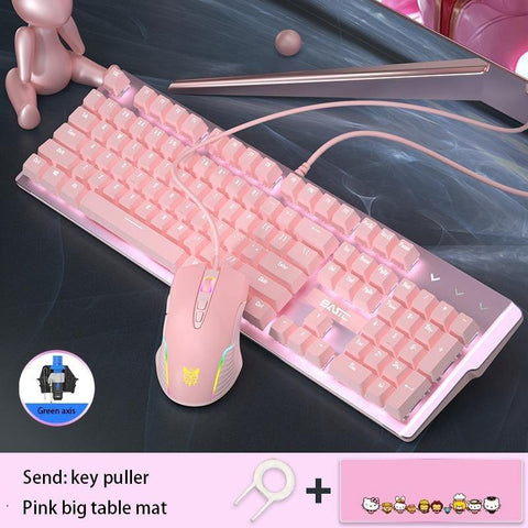 Pink Real Mechanical Keyboard And Mouse Set Girls Cute Gaming Games Dedicated Wired Green Axis Red Axis Girl Heart Luminous Wired Notebook - Gamer Z Paradise
