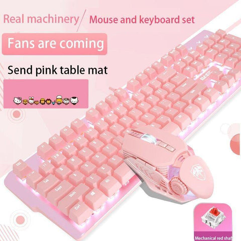 Pink Real Mechanical Keyboard And Mouse Set Girls Cute Gaming Games Dedicated Wired Green Axis Red Axis Girl Heart Luminous Wired Notebook - Gamer Z Paradise