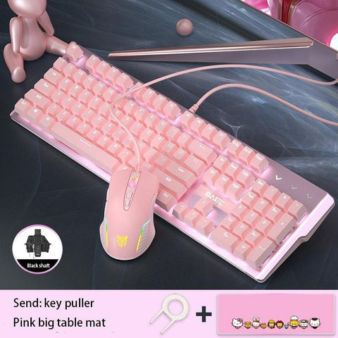 Pink Real Mechanical Keyboard And Mouse Set Girls Cute Gaming Games Dedicated Wired Green Axis Red Axis Girl Heart Luminous Wired Notebook - Gamer Z Paradise