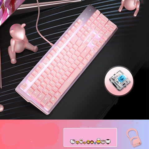 Pink Real Mechanical Keyboard And Mouse Set Girls Cute Gaming Games Dedicated Wired Green Axis Red Axis Girl Heart Luminous Wired Notebook - Gamer Z Paradise