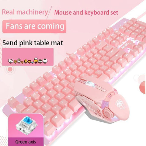 Pink Real Mechanical Keyboard And Mouse Set Girls Cute Gaming Games Dedicated Wired Green Axis Red Axis Girl Heart Luminous Wired Notebook - Gamer Z Paradise