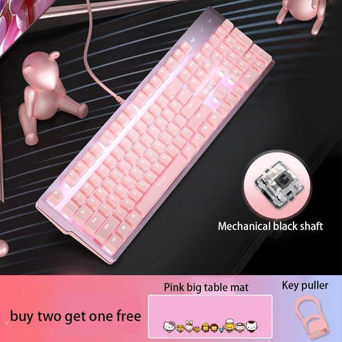 Pink Real Mechanical Keyboard And Mouse Set Girls Cute Gaming Games Dedicated Wired Green Axis Red Axis Girl Heart Luminous Wired Notebook - Gamer Z Paradise