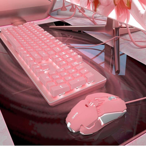 Pink Real Mechanical Keyboard And Mouse Set Girls Cute Gaming Games Dedicated Wired Green Axis Red Axis Girl Heart Luminous Wired Notebook - Gamer Z Paradise