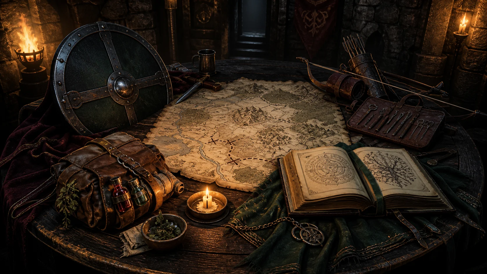 Shield, healer's satchel, spellbook, and scouting tools arranged around a fantasy map