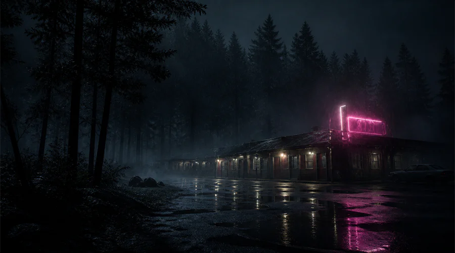 Concept art of a rain-soaked woodland motel at night