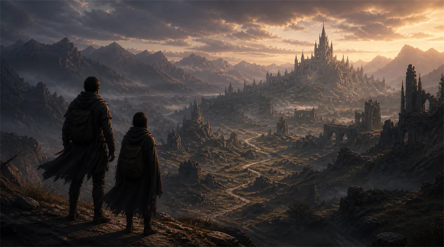 Concept art of two travelers looking across a fantasy valley