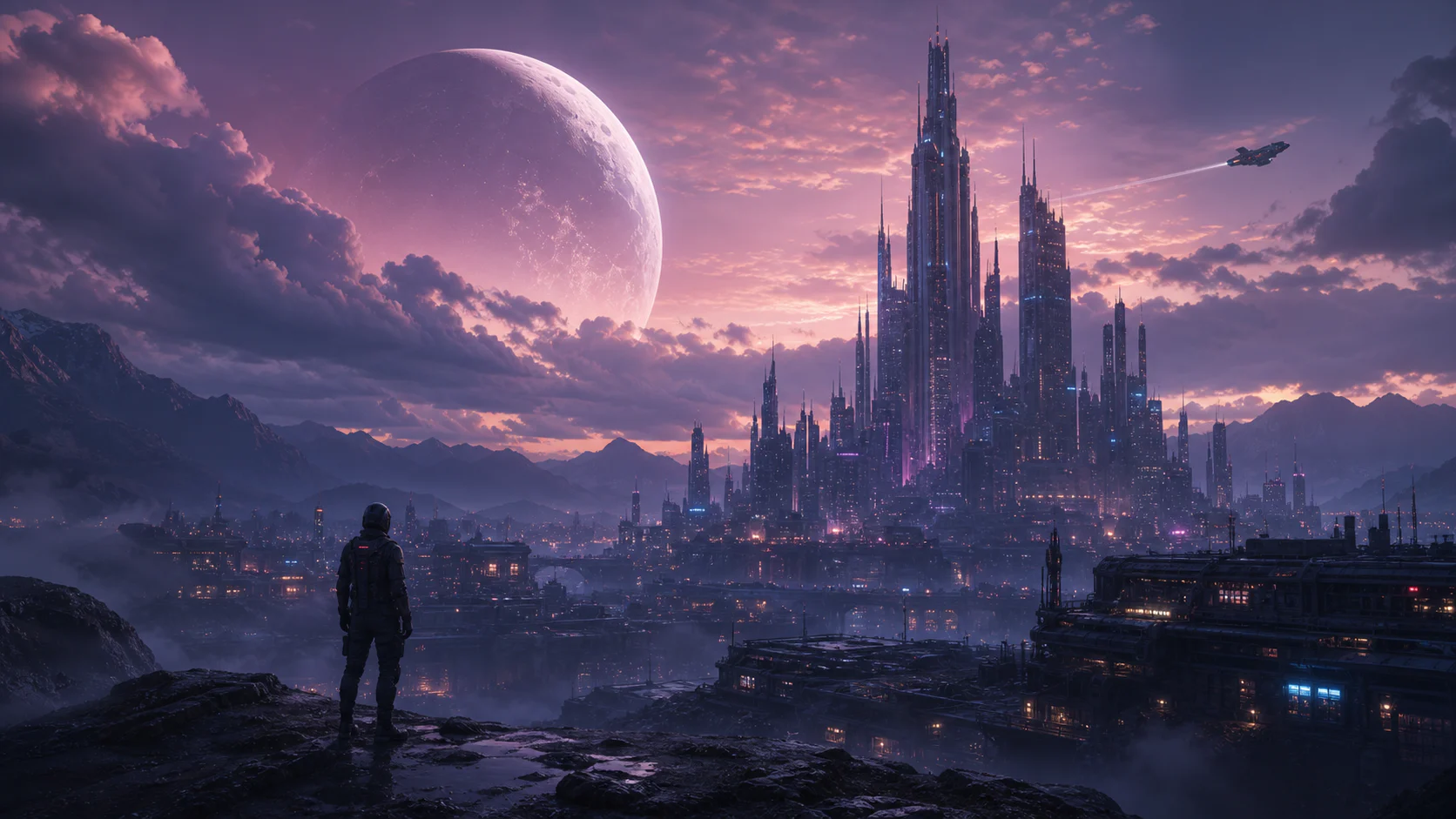 Concept art of an explorer looking over a futuristic city beneath a large moon